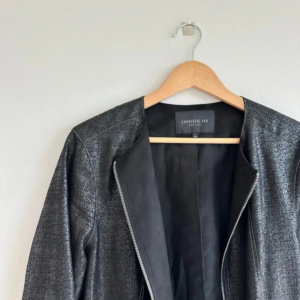Lafayette 148 Anasophia Leather Metallic Jacket in Black Metal L